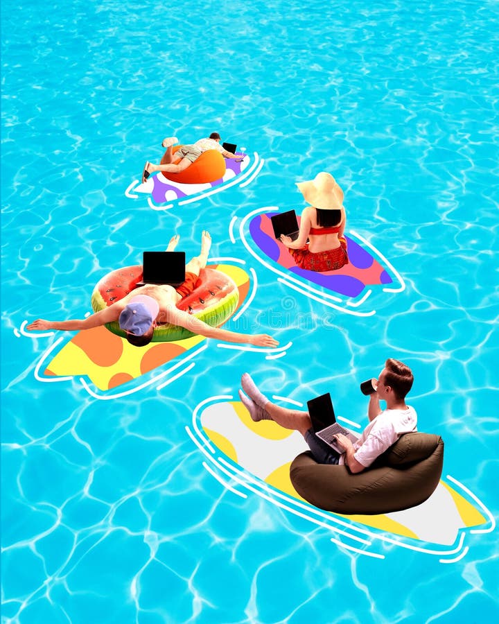 Contemporary Art Collage. People Float in Pool on Various Inflatables