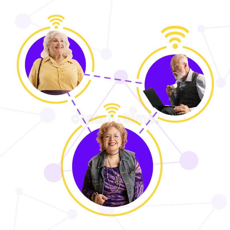 Contemporary art collage. Three elders triangular network, with wifi icons symbolizing modern connections. Digital royalty free stock photography