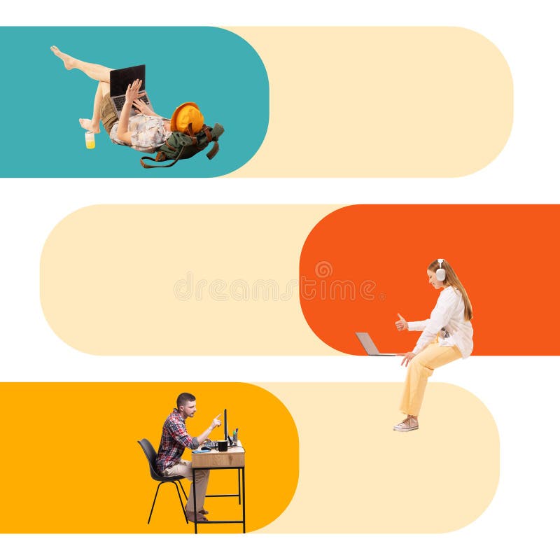 Contemporary art collage. Three individuals working on laptops against background with rounded, overlapping background stock image