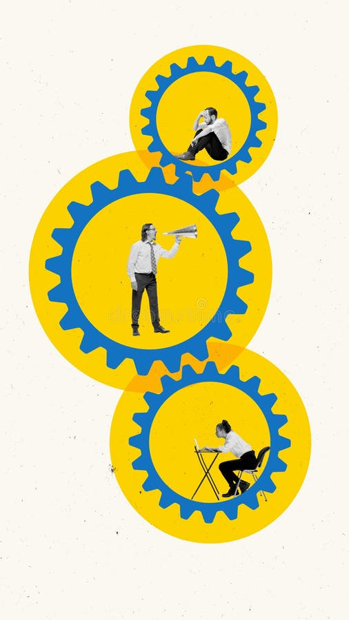 Contemporary art collage. Three professionals working inside interconnected yellow and blue gears against light royalty free illustration