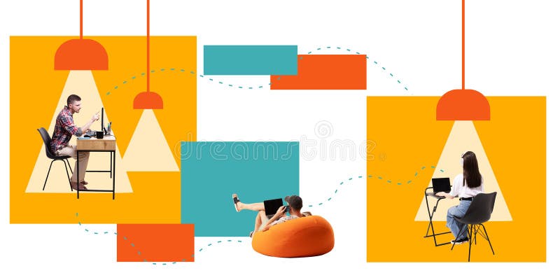 Contemporary art collage. Three remote workers in different settings working in laptop against geometric background royalty free stock image