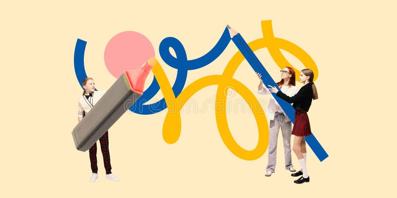 Contemporary art collage. Three students drawing giant scribbles using marker and pencil, celebrating expressive power royalty free stock photo