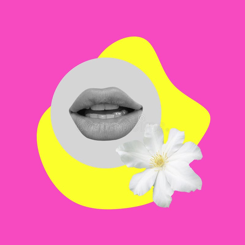 Sexy woman&x27;s mouth and flower isolated over pink yellow background. Contemporary art collage