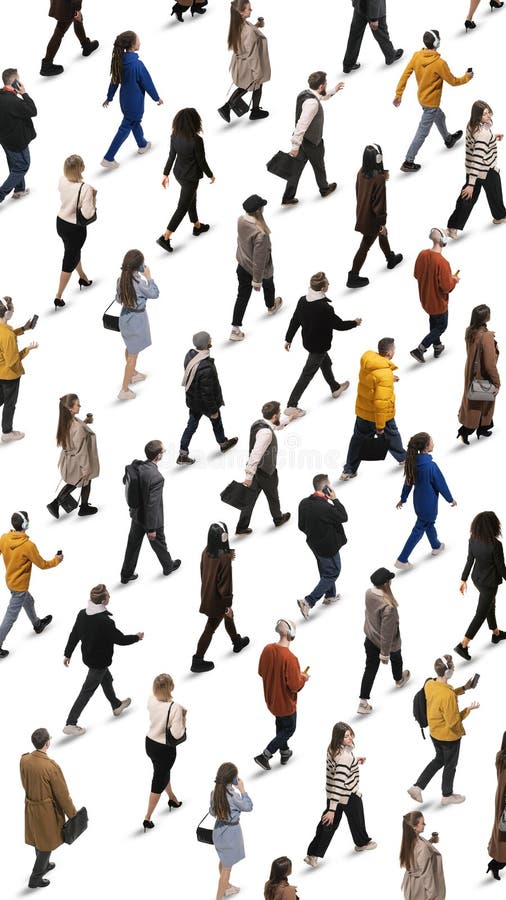 Contemporary art collage. Young people, women and men, students and workers going, walking in same directions against royalty free stock image