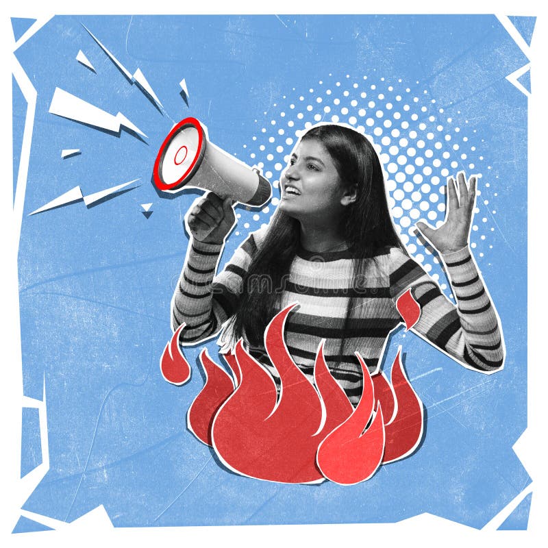 Contemporary art collage. Young woman shouting in megaphone with irritation. Preventing lie and false news stock images