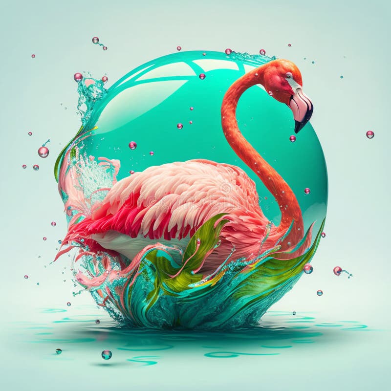 Contemporary art with pink flamingo at water bubble background