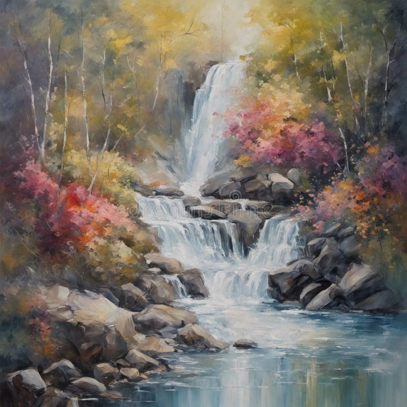 Painting of waterfall in forest, impressionism royalty free illustration