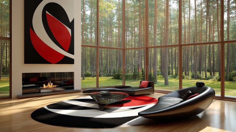 Contemporary artwork hangs over a sleek fireplace in an upscale living room stock images