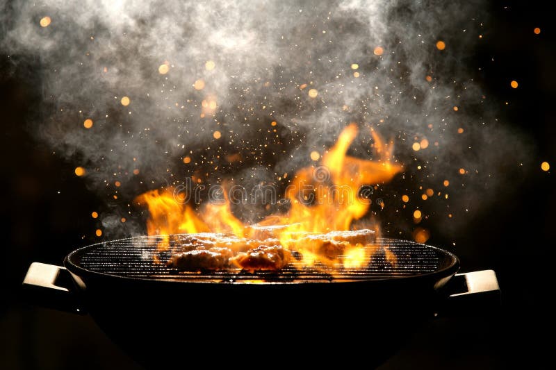 A contemporary barbecue grill emitting flames brightly on a dark background royalty free stock images