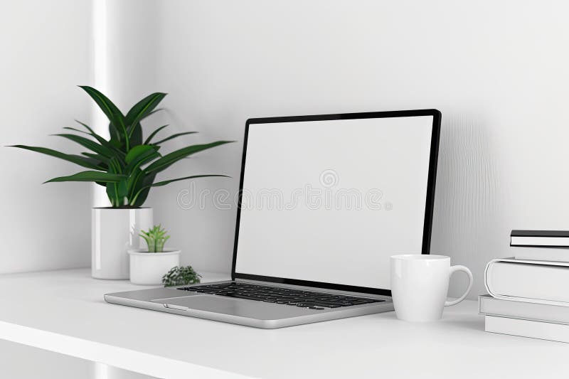 Contemporary business workspace with laptop document file plant and coffee mug on white able royalty-vrije illustratie