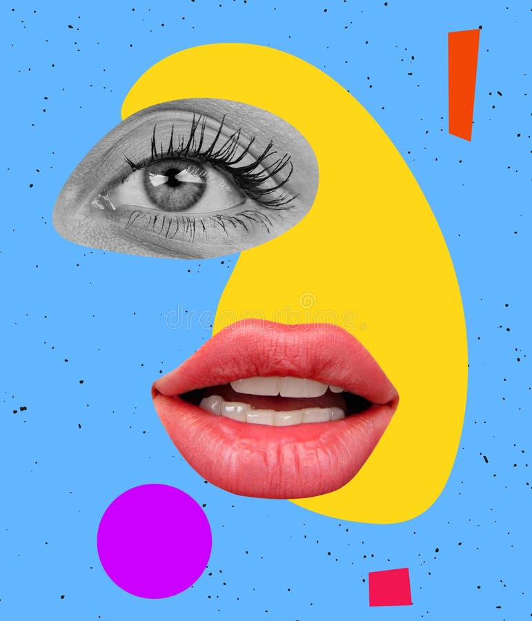 Contemporary colorful and conceptual bright art collage. Modern design. Beautiful female eye and lips, calm expression