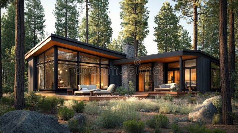 A contemporary dark cabin situated in a forest, illuminated by the soft glow of evening light, features a deck stock photo