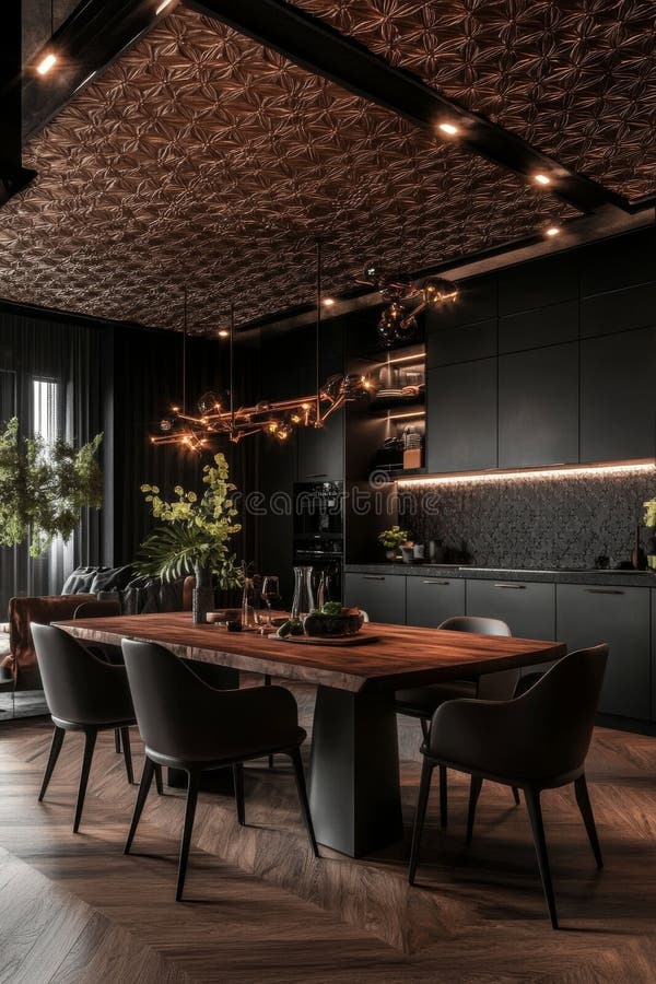 Contemporary Dark Kitchen and Dining Room Design Featuring Copper Accents stock photo