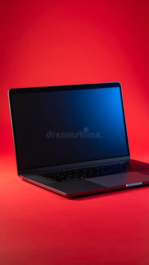 Contemporary dark laptop with an illuminated blank screen against a striking vibrant red backdrop. stock photography