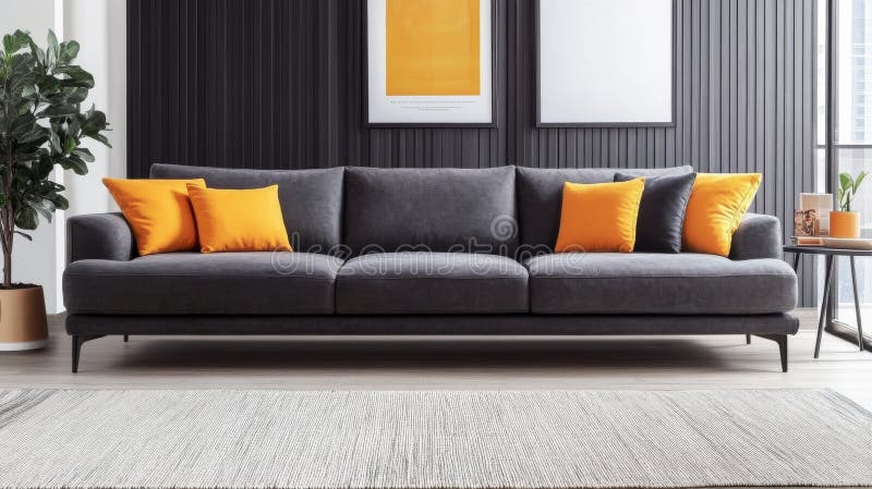 A contemporary dark living room features a sectional sofa, artwork, and plants royalty free stock photo