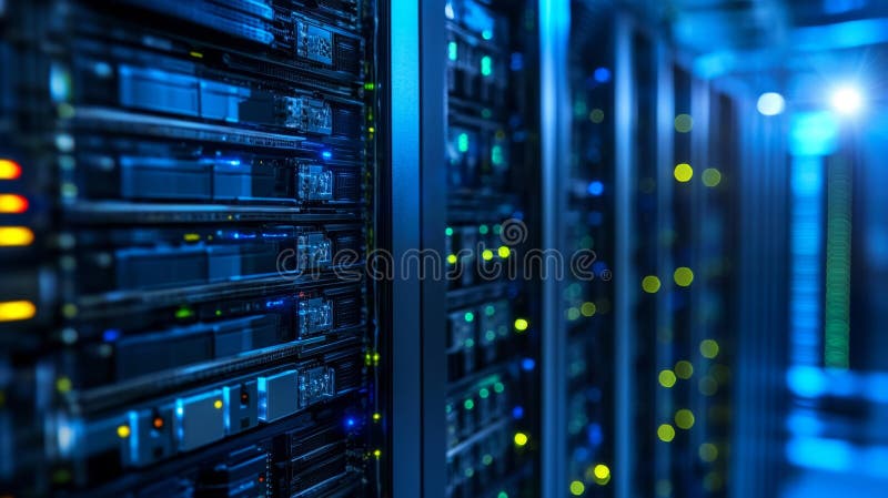 A contemporary data center showcases advanced server technology and networking equipment, emphasizing cybersecurity and AI intelligence. The environment is vibrant with blue lighting. Advanced artificial intelligence administration stock images, royalty-free photos and pictures