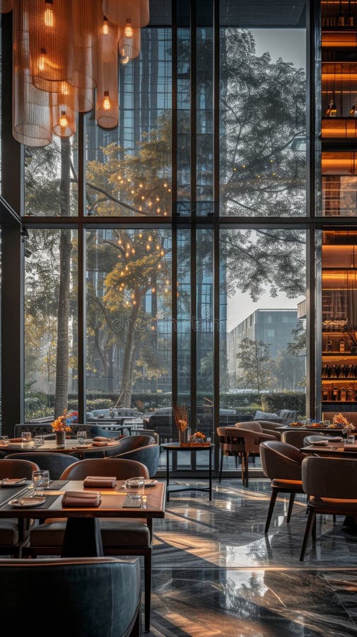 Contemporary design sets the stage for culinary delights, creating an immersive restaurant experience royalty free stock image