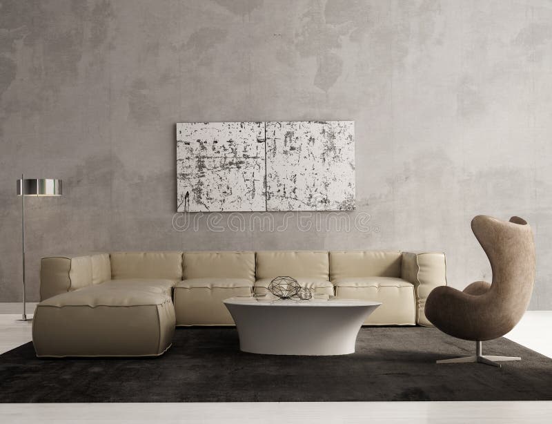 Moderný štýlový obývacia izba interiér s pohovkou, coffe tabuľky, bočné tabuľky poschodí svetlo a koberec.