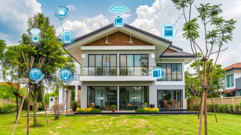 Contemporary home showcasing an advanced smart security system with multiple cameras and features during a clear day in royalty free stock photos