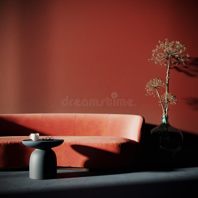 Contemporary Interior Design. Living Room with Red Sofa and Empty Red