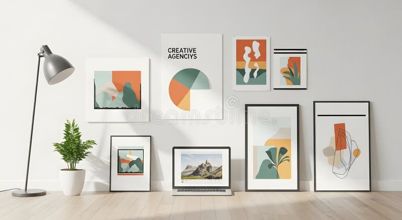 Stylish Room Interior with Modern Art Prints, Desk Lamp, and Laptop Display royalty free stock photo