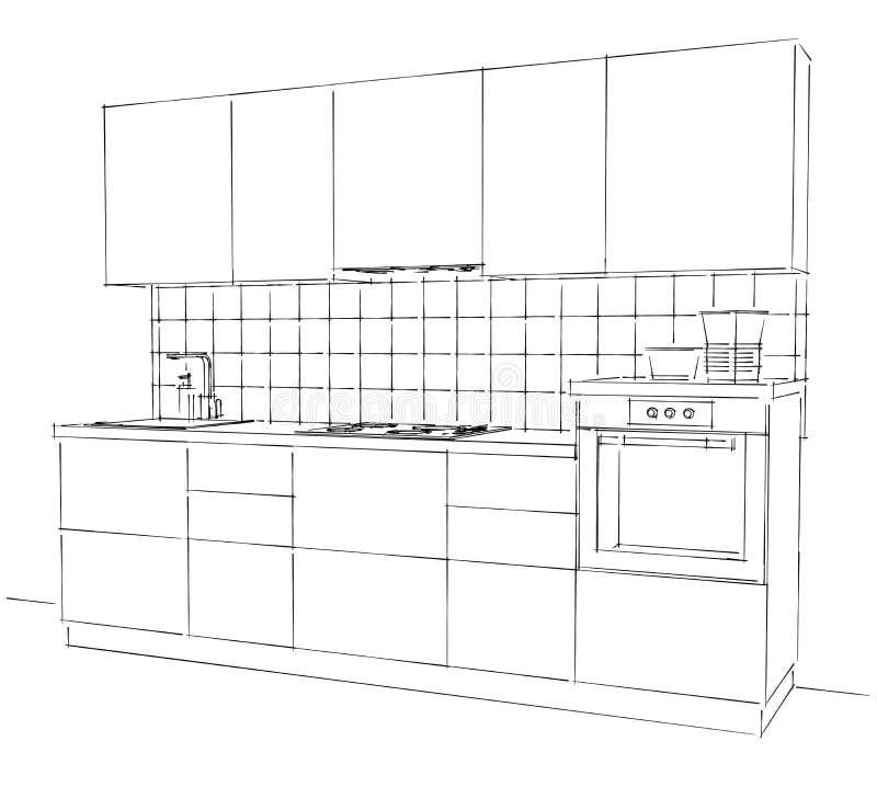 Contemporary Kitchen Counter Close Up, Black and White Sketch Drawing ...