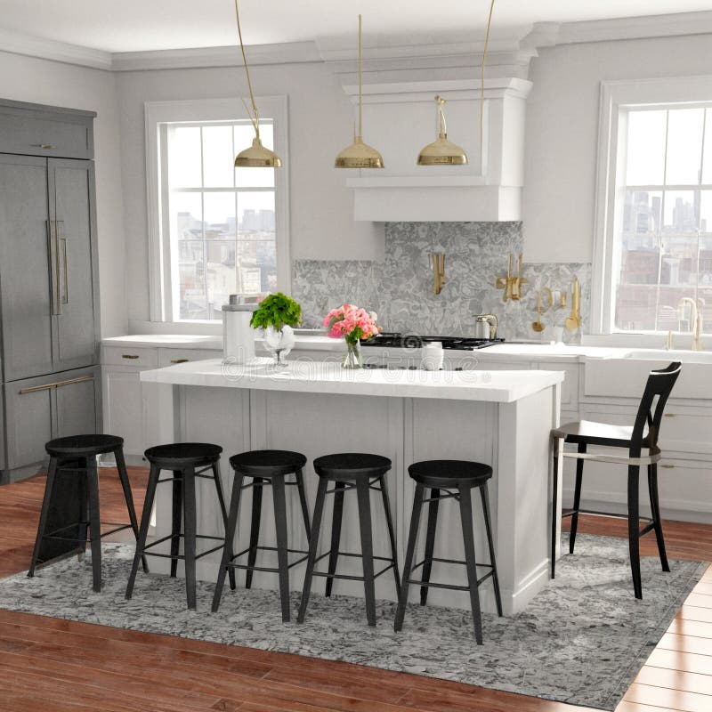 Contemporary Kitchen Island Featuring Sleek Black Stools Stock