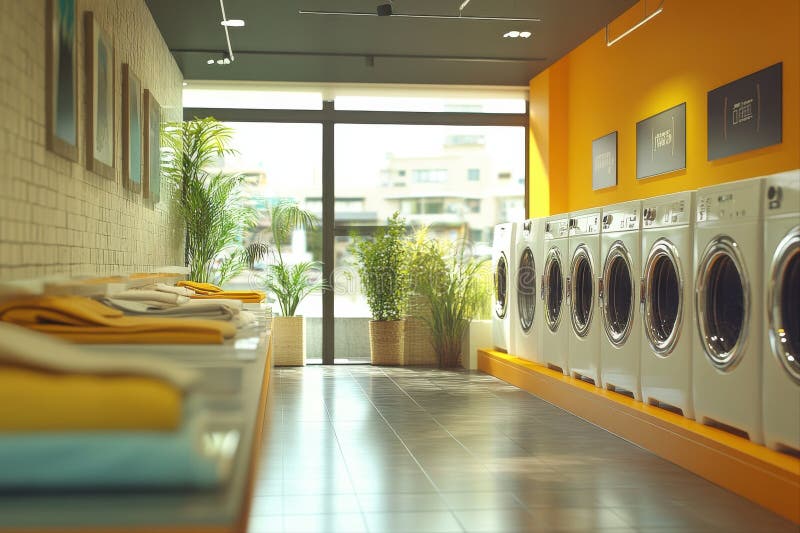 Contemporary Laundromat and Washing Facility. A vibrant and modern laundry space featuring efficient machines and a stock photo