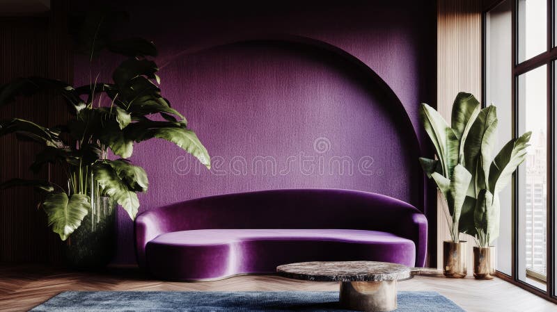 Contemporary Living Room Design Featuring Teal Abstract Wave Art stock photo