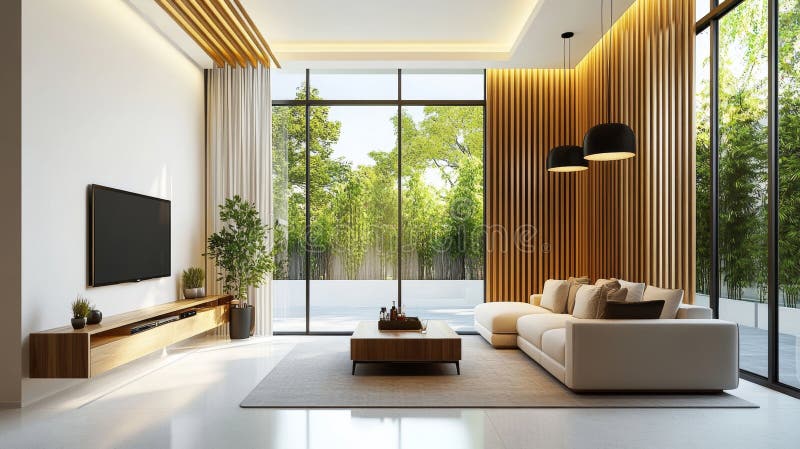 Contemporary Living Room Design with Neutral Colors stock photography