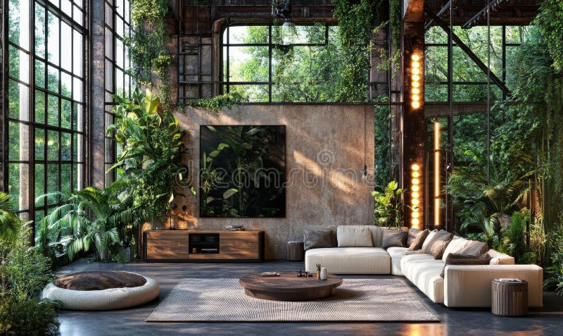 A contemporary living room features a sofa, plants, and a large blank canvas royalty free stock photography