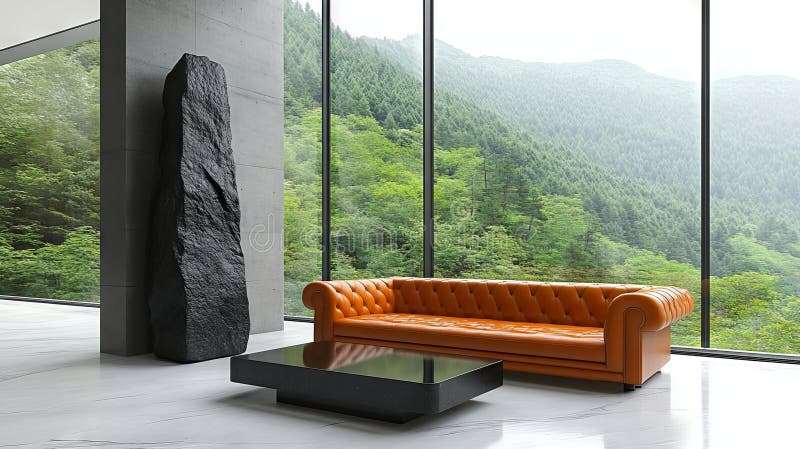 Contemporary Living Room Featuring Mountain Views and Abstract Art stock image