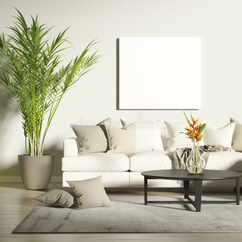 Contemporary living room with mock up poster stock photography
