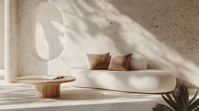 Contemporary Living Room Sectional Sofa Adorned with Greenery stock image