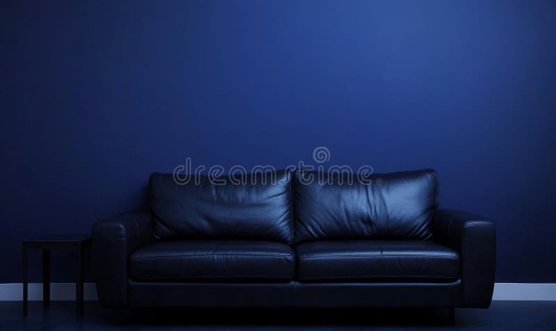 Contemporary living room with a sofa and a blue wall texture background royalty free stock photo
