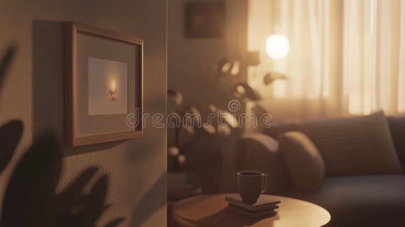 This contemporary living space is characterized by a warm and inviting arrangement that includes a mock-up poster frame stock photo