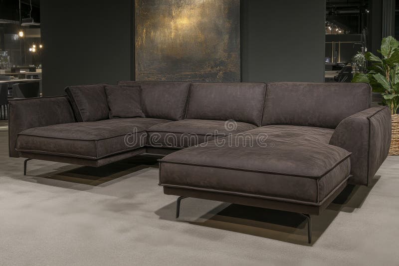 A contemporary living space features a sectional sofa, artwork, and plants stock images