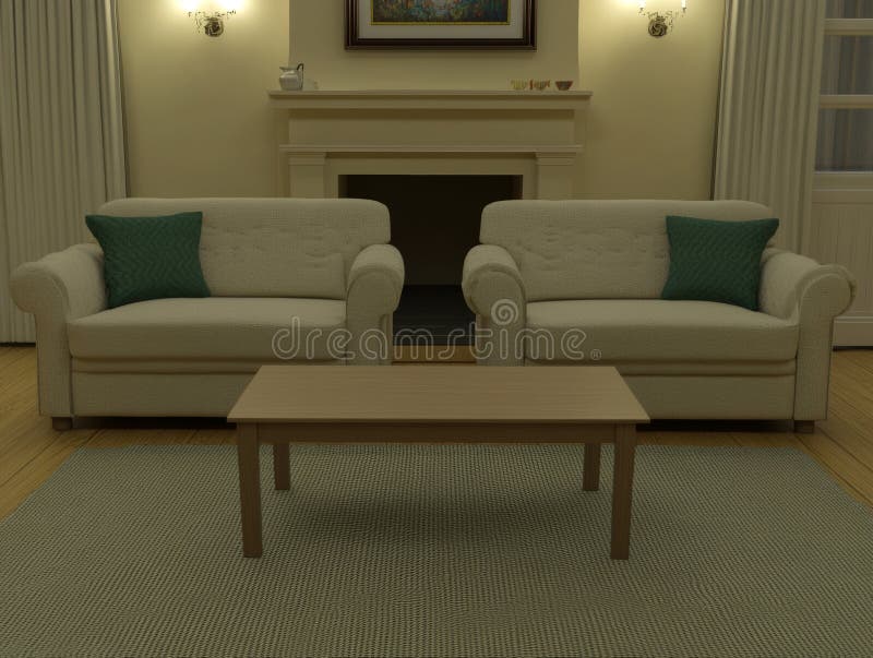 A contemporary living space featuring a fireplace, sofa, and artwork royalty free stock photo