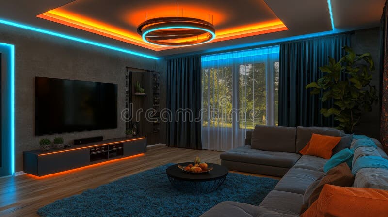 A contemporary living space featuring neon lighting and a warm ambiance royalty free stock images