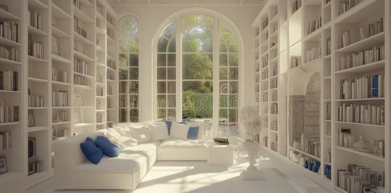 A contemporary living space with a white wall and a large panoramic window royalty free stock photography