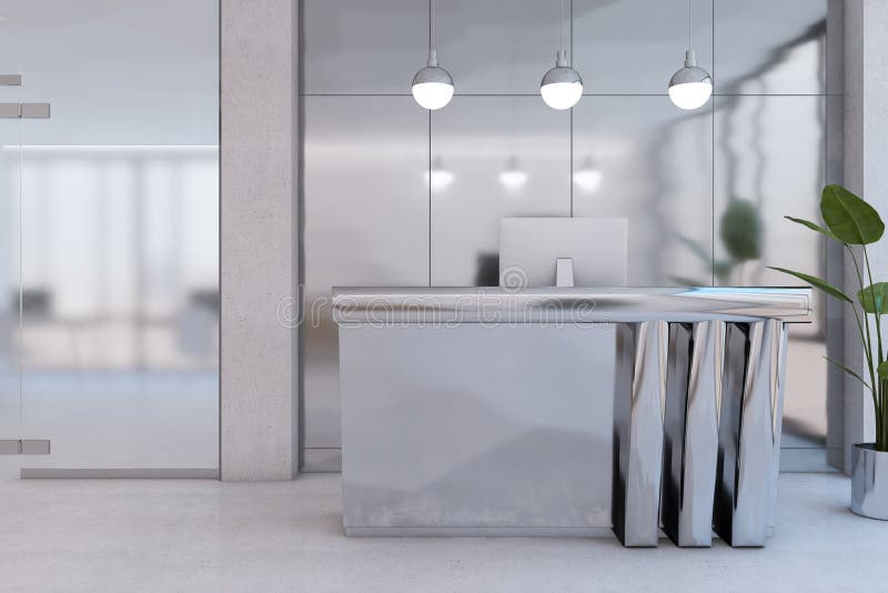 Contemporary Lobby Interior with Silver Reception Desk, Seating and Decortaive Items. Waiting