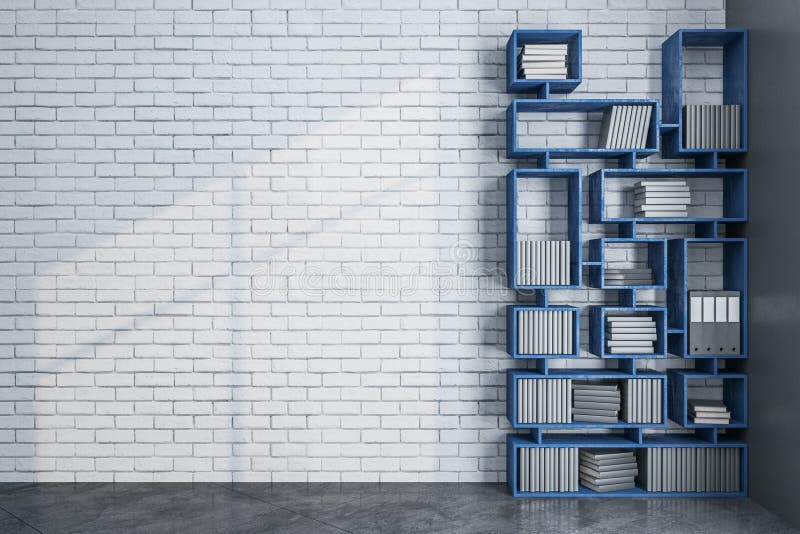 Contemporary Loft Library with Bookcase and Blank Brick Wall Stock Illustration Illustration