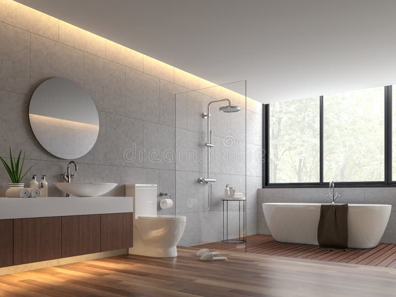 Contemporary loft style bathroom with concrete tile wall 3d render