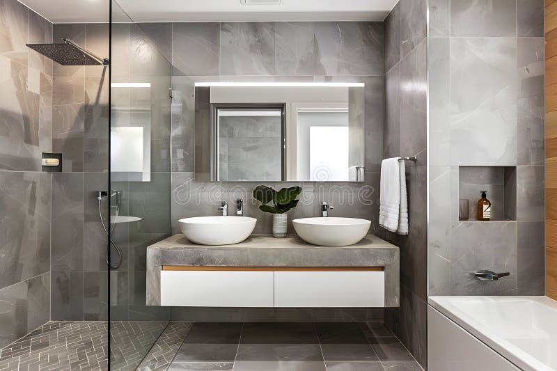 Contemporary Modern Bathroom Interior in Grey Colors, Concrete and ...
