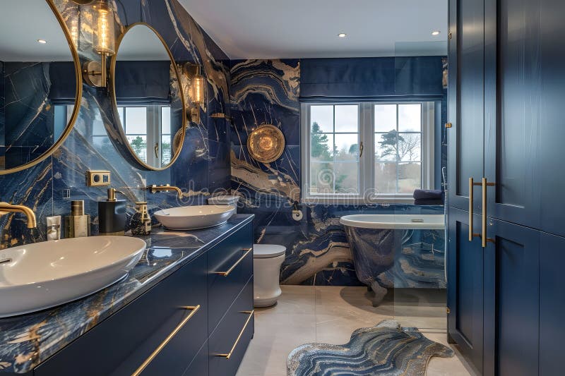 Contemporary Modern Bathroom Interior in Navy Blue Colors, Concrete and