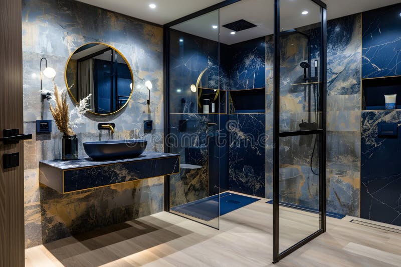 Contemporary Modern Bathroom Interior in Navy Blue Colors, Concrete and