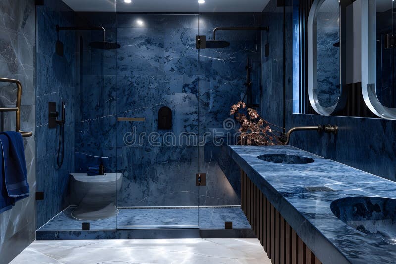 Contemporary Modern Bathroom Interior in Navy Blue Colors, Concrete and