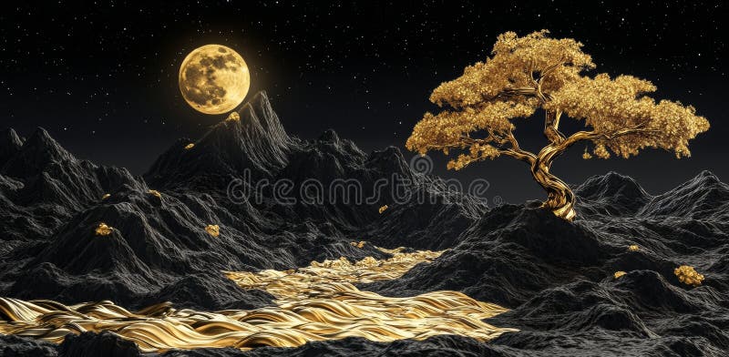 Contemporary mural art displaying a moonlit scene with golden Christmas trees and colorful, wavy mountains. royalty free stock images