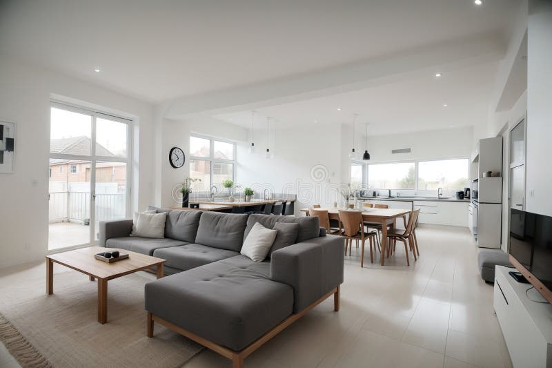 Contemporary Open Plan Kitchen with Dining Table Set and Gray Sofa in