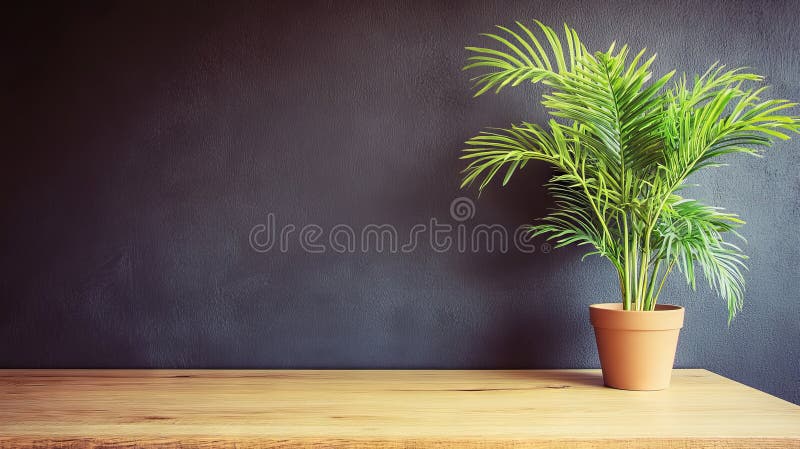 A contemporary reception desk made of wood features a laptop, plants, and a grey wall stock images